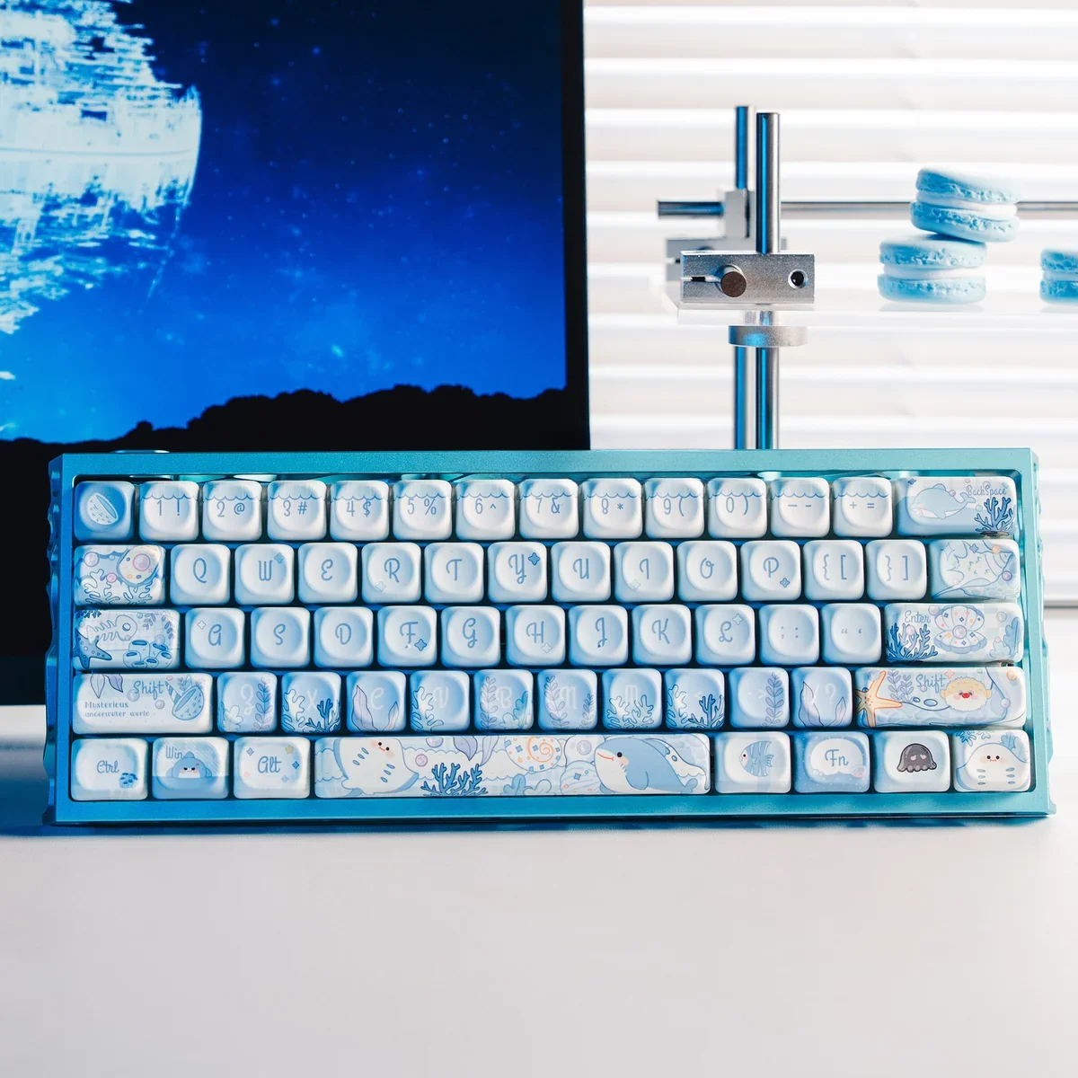 Immersive PBT Dye-Sub underwater keycaps set with vibrant blue hues depicting intricate marine life and coral reefs, evoking deep ocean serenity.