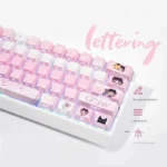 Close-up of Valorant Clove side-lit PBT keycaps set from multiple angles, showcasing their ethereal glow and unique butterfly design for RGB keyboard.