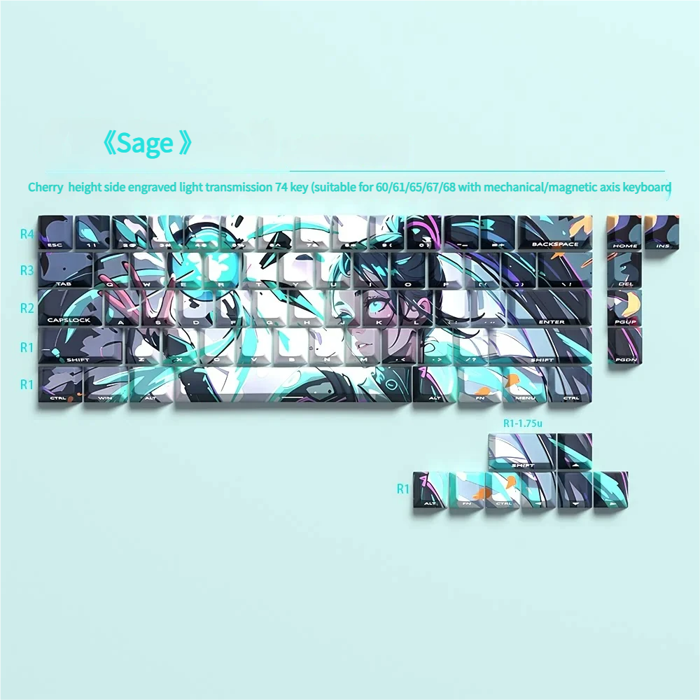 Valorant Sage PBT keycaps set for magnetic switches. Multiple product views showcase clean side-printed legends, vibrant backlighting, and premium durabilty.