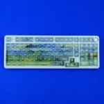 Van Gogh Misty Translucent PC Keycaps Set glowing with diffused, dreamlike backlighting, showcasing artistic Van Gogh-inspired designs on frosted keycaps.