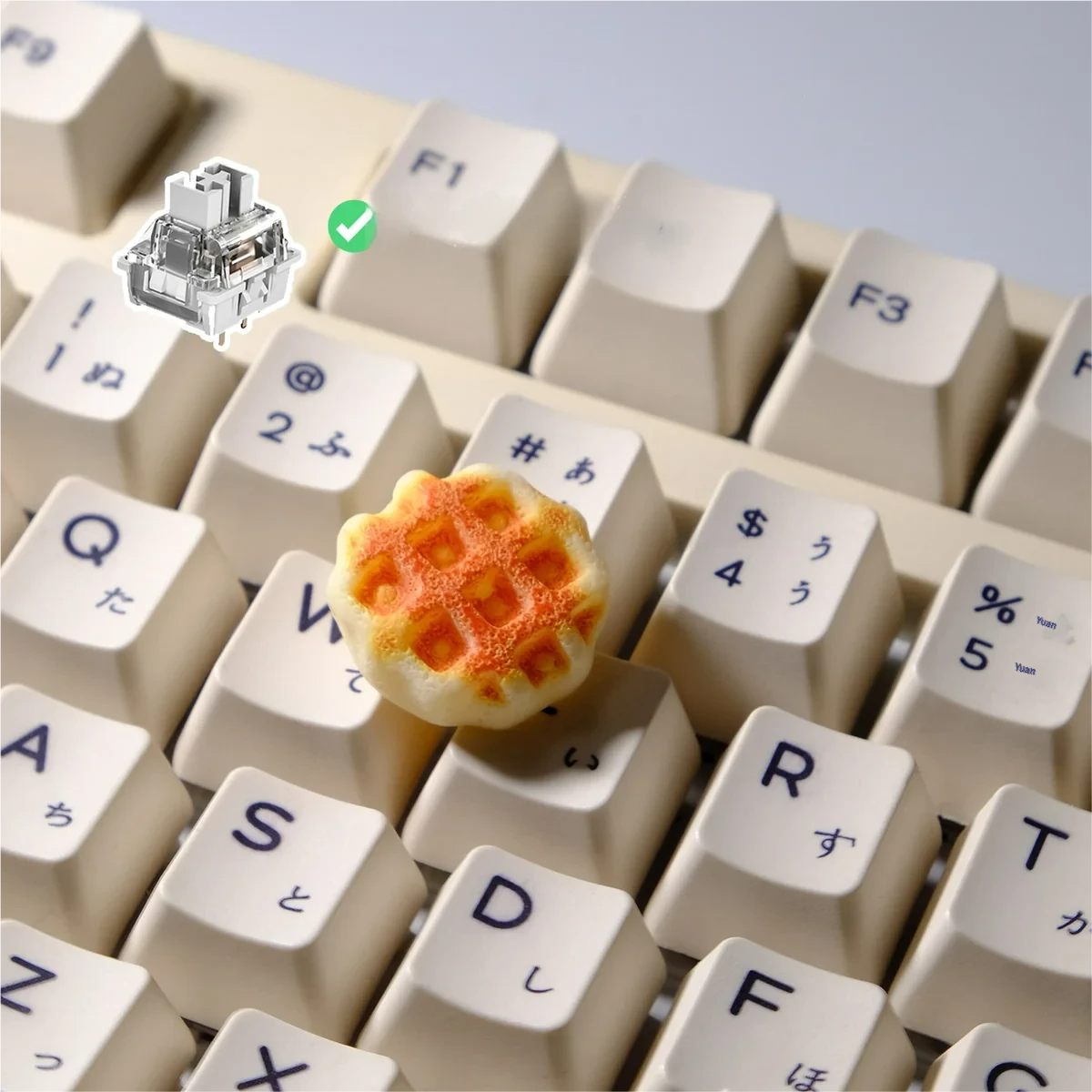Whimsical handcrafted waffle keycap for MX switches, captured in a product gallery showcasing its delightful miniature sculpture from various angles,
