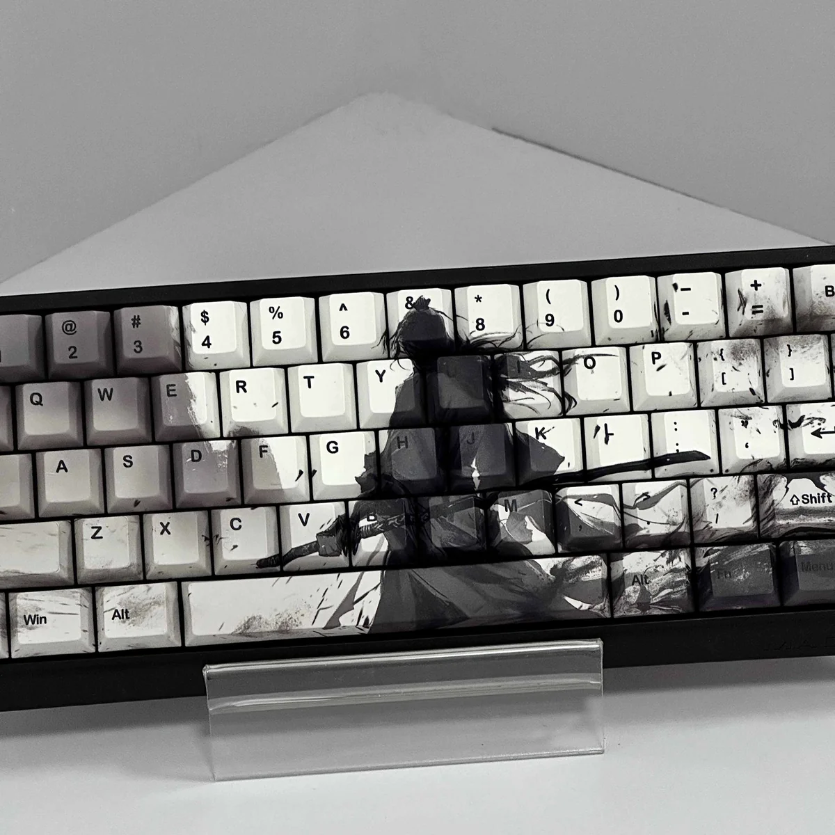 Durable PBT Warrior Keycaps Set, dye-sublimated with intricate Japanese warrior motifs, showcasing premium artistic detail from multiple angles.