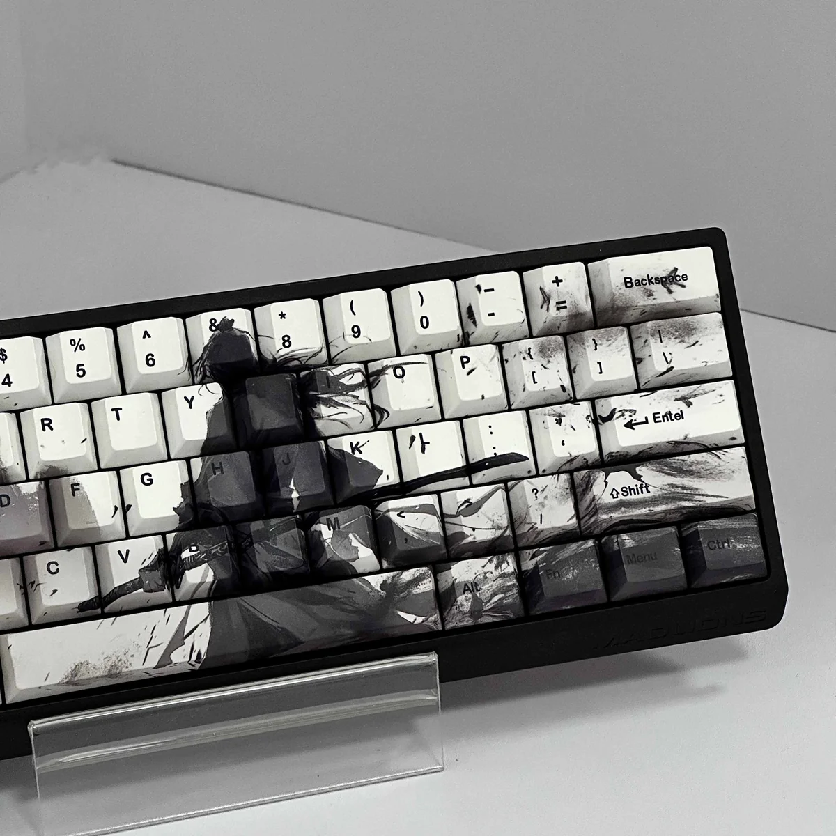 Durable PBT Warrior Keycaps Set featuring dye-sublimated Japanese warrior motifs from various angles, highlighting sharp lines and cultural symbolism.