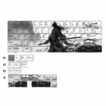 Durable PBT Warrior Keycaps Set showcasing intricate dye-sublimated Japanese warrior motifs from various angles, highlighting their premium artistic design.