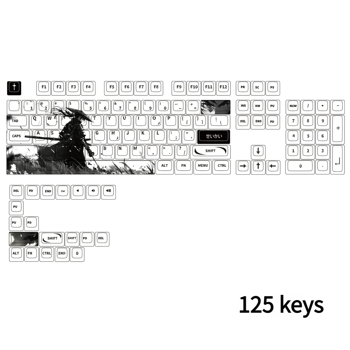 Close-up view of the unique expressive Warrior PBT dye-sub keycap set, highlighting the vibrant original art and durable PBT material from a distinctive design.