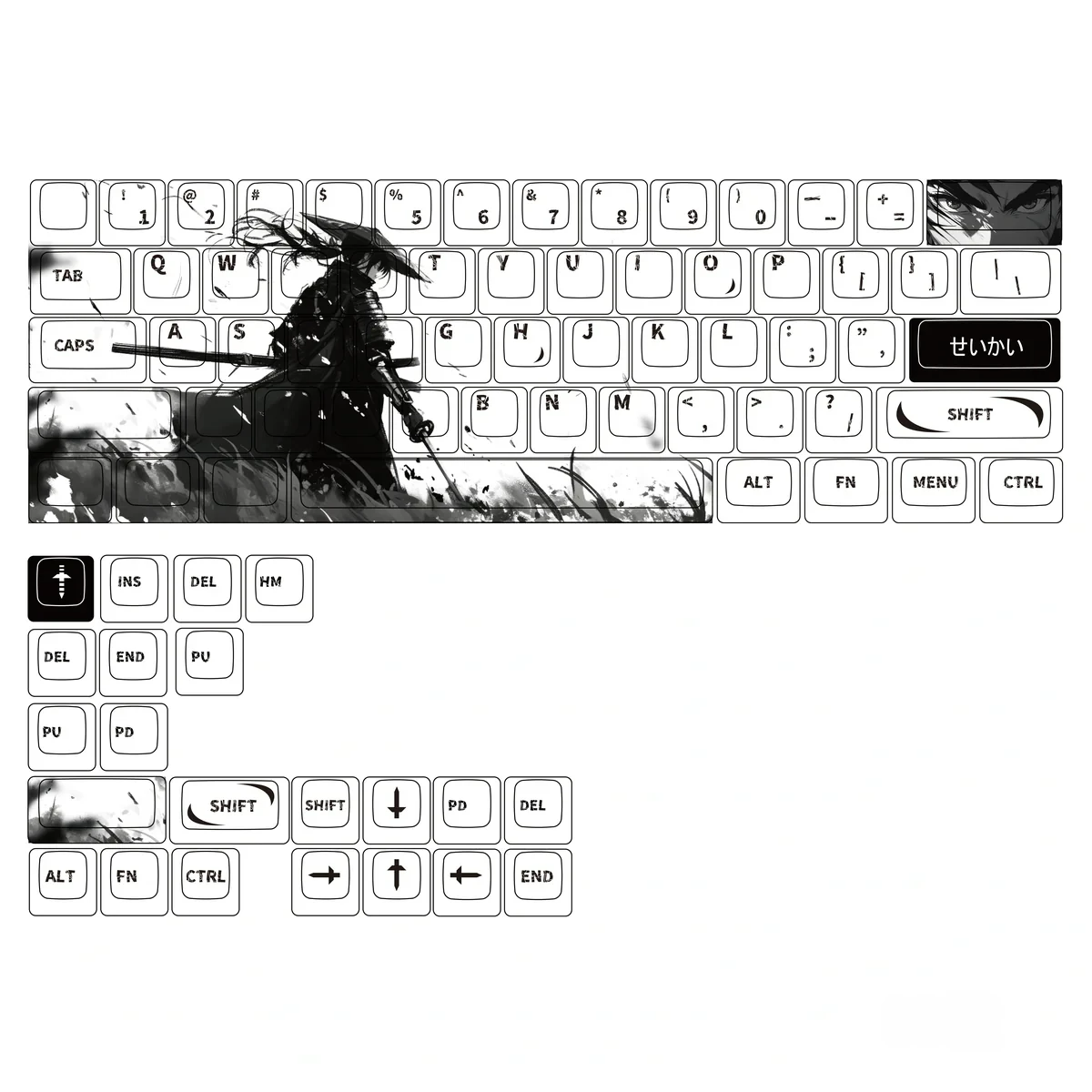 Expressive Warrior PBT Dye-Sub Keycap Set displaying unique original character art with vibrant dye-sublimated graphics on durable PBT.