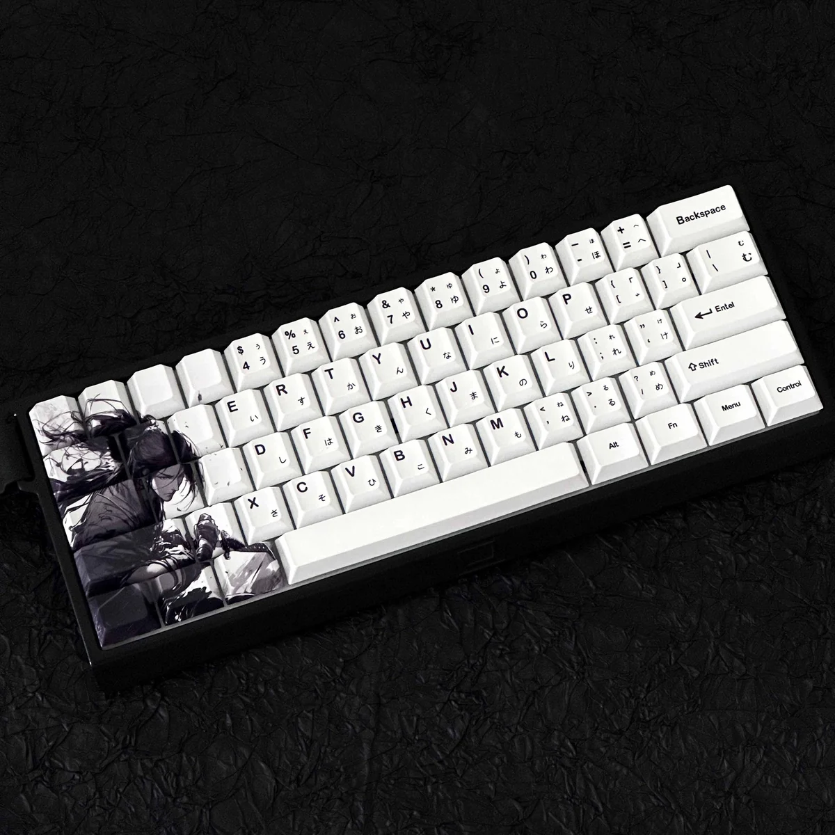 Artistic main display of premium Dye-Sub PBT themed keycaps set, showcasing vibrant anime and stoic samurai motifs for visual impact.