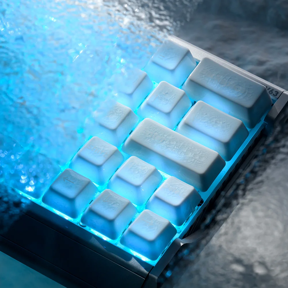 Handcrafted ceramic keycaps set, displaying unique ice crack texture and translucent white elegance from various artistic angles, highlighting a serene design.