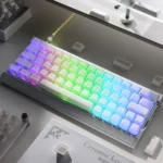 A gallery of handcrafted ice crack ceramic keycaps set, highlighting their unique translucent white finish and serene natural crackle patterns from multiple angles.