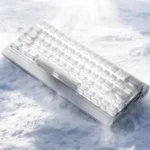 Handcrafted ceramic keycaps set showcasing unique translucent white ice crack texture, an elegant and serene design for mechanical keyboards.