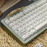 Gallery of subtle multi-tone white Zen PBT keycaps set, highlighting their harmonious design and clean lines from multiple perspectives.
