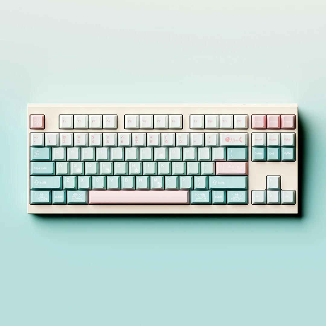 Winter Angler PBT Dye-Sub keycaps set featuring an artistic design evoking tranquil winter fishing. Durable and unique.