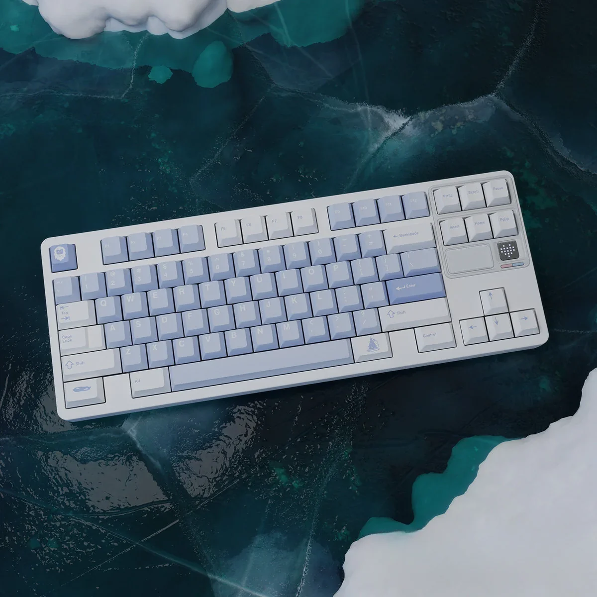 Winter Serenity PBT keycaps set reveal frosty blue, crisp white, and cool gray tones. Durable Cherry profile set offers a tranquil, snowy aesthetic.