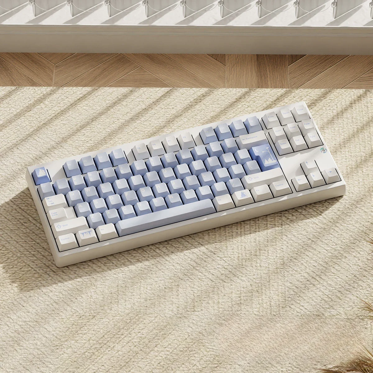 Winter Serenity PBT keycaps set, showcasing frosty blue and white PBT keycaps with a comfortable Cherry profile, evoking a tranquil snowy scene.