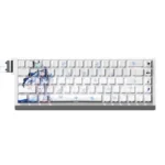 Wuthering Waves Shorekeeper PBT keycap set, a close-up revealing its luminous side-printed, shine-through legends. A dark sci-fi guardian aesthetic.