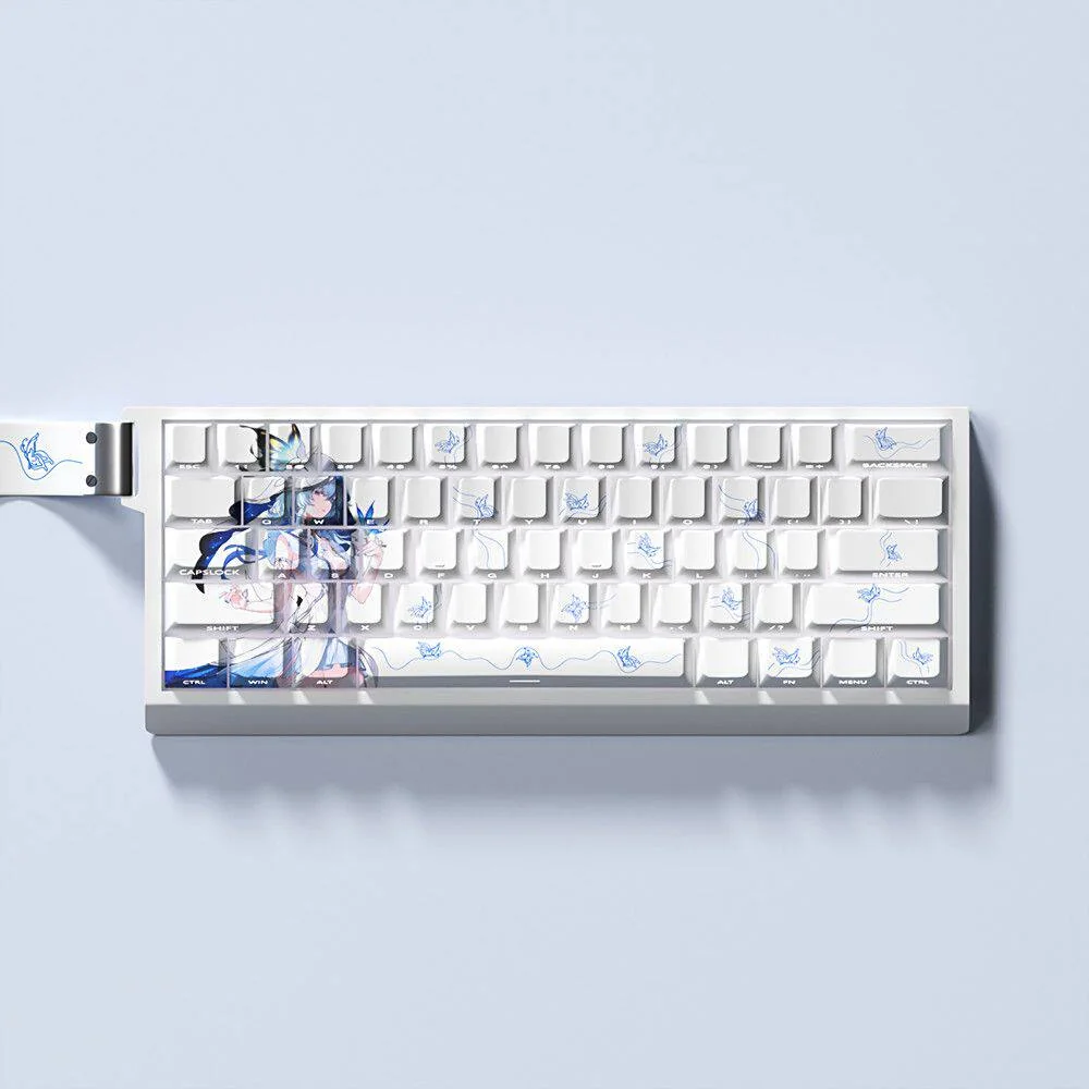 Main image of Wuthering Waves Shorekeeper PBT keycap set, highlighting side-printed, shine-through legends in a dark sci-fi fantasy style.