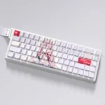 A gallery of iconic Zero Two side-printed backlit PBT keycaps set, showcasing their vibrant pink and red hues and glowing legends from multiple premium artistic.