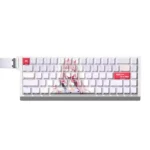 Detailed view of iconic Zero Two side-printed PBT keycaps set, revealing vibrant pink/red hues and crisp, minimalist backlit legends.