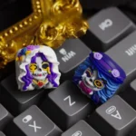 A handcrafted translucent resin Zombie Bride & Groom Keycaps, showcasing its intricate gothic details and eerie glowing effect from a unique angle, perfect for mechanical keyboard.