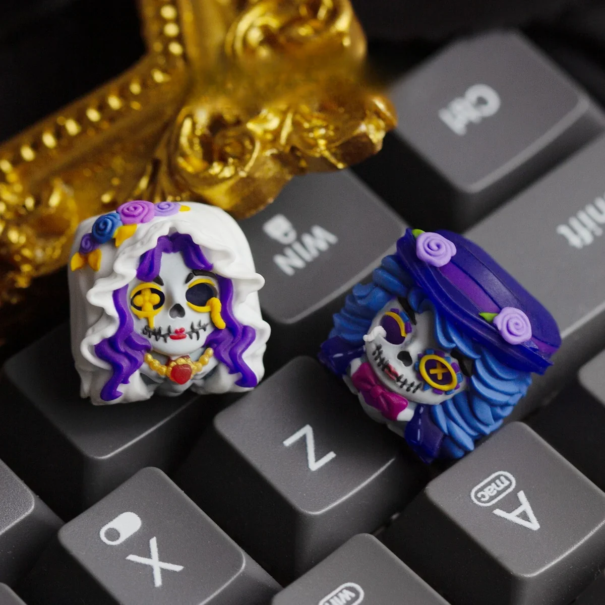 A handcrafted translucent resin Zombie Bride & Groom Keycaps, showcasing its intricate gothic details and eerie glowing effect from a unique angle, perfect for mechanical keyboard.