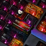 Vibrant 808 bass heartbeat keycap, displayed from multiple artistic angles. See its metallic sheen and intricate rhythmic sound wave patterns.