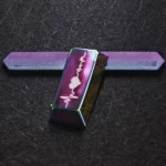 Vibrant 808 bass Heartbeat keycap, artfully displayed from a detailed angle, showcasing its rhythmic heartbeat design and metallic luster.