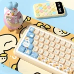 An adorable duck PBT keycap set displayed from a fun angle, emphasizing the vibrant, cartoonish illustrations and durable quality for playful charm.