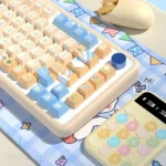 Adorable Duck PBT Keycaps Set, viewed from various angles, highlighting the whimsical cartoonish duck designs. These durable keycaps bring playful charm.