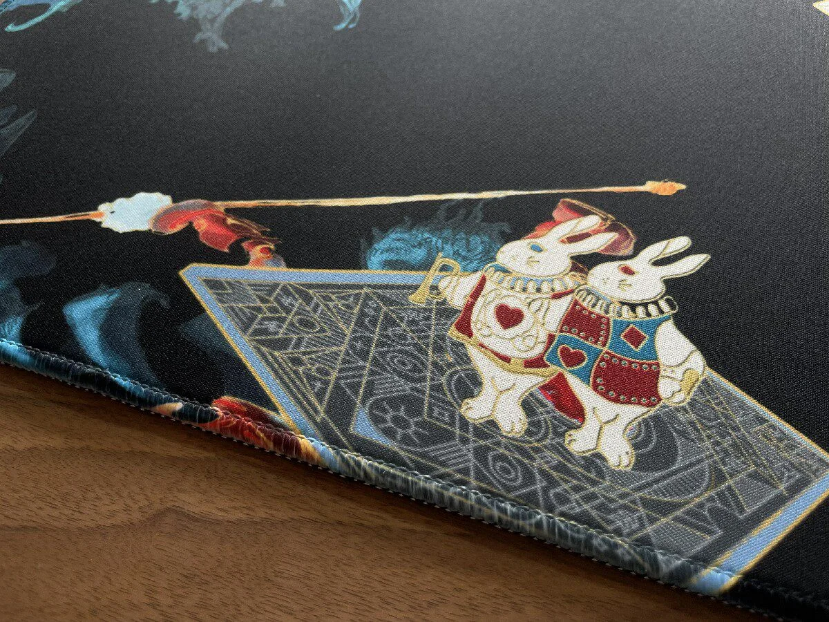 Whimsical Alice in Wonderland Mouse Pad, vibrant and enchanting, featuring detailed artistic illustrations from a unique angle, perfect for creative setup.