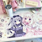 Sweet Amairo Chocolate Desk Mat detail, revealing its unique kawaii chocolate bar design and playful dessert illustrations, creating an inviting workspace.