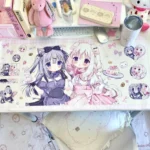 A playful Amairo Chocolate desk mat showcasing a unique, sweet kawaii design with charming characters and dessert illustrations, ideal for a delightful works.