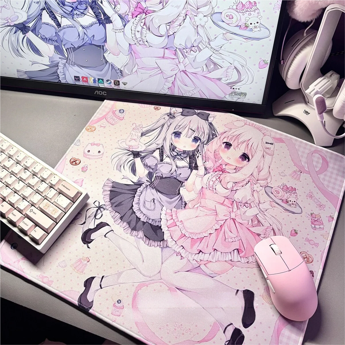 A playful Amairo Chocolate gaming mouse pad, viewed from a unique angle, highlighting its rich characters tones and whimsical dessert motifs. A sweet upgrade.