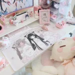 Detailed view of the extra-large Whimsical angelic Maid Desk Mat, showcasing its kawaii pastel pink design with adorable angelic maids and sweet desserts design.