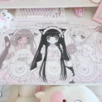 Full view of the whimsical angelic maid extra-large desk mat, showcasing its pastel pink kawaii design with sweet dessert motifs for playful office decor.