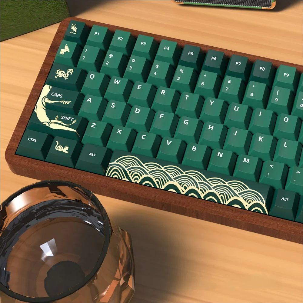 Premium Animal Crossing PBT dye-sub keycap set, showcasing cozy designs and earthy green tones from an artistic angle.