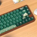 Close-up of the premium PBT Dye-Sub Animal Crossing keycap set, showcasing charming aesthetic with deep greens and earthy tones from a unique design.
