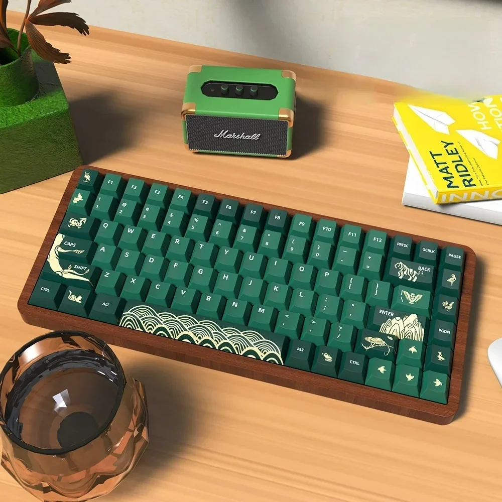 Cozy PBT Dye-Sub Animal Crossing keycap set, showcasing charming greens and natural earthy tones.
