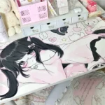 Close-up of the exclusive anime cat girl art desk mat, showcasing its playful charm and soft pink and white dreamy aesthetic.
