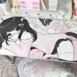 Multiple views of the exclusive anime cat girl art desk mat, highlighting its charming original design in dreamy pink and white, perfect for playful design.