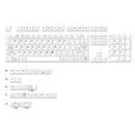 An artistic display of the minimalist anime PBT keycaps set, showcasing original subtle graphics and a soft color palette for custom keyboards.