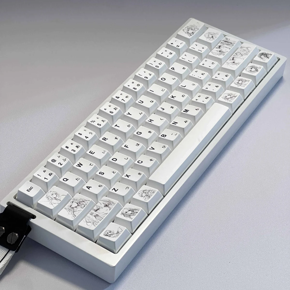 Aesthetic display of an original minimalist anime PBT keycap set for custom mechanical keyboards, featuring subtle, clean graphics and a soft color palletes.