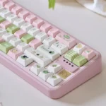 Close-up of delightful Apple Cat PBT dye-sub keycaps set, showcasing whimsical illustrations and durable texture for mechanical keyboards.