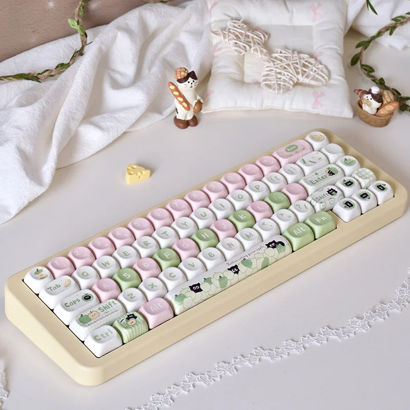 Delightful Apple Cat Keycaps set, featuring durable PBT dye-sublimation. Whimsical feline designs with soft colors and charming artistic illustration.