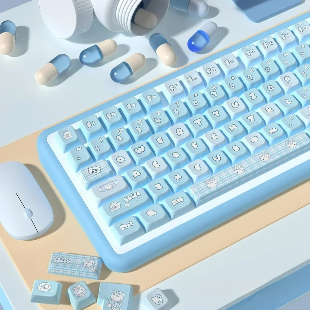 Multi-angle views of the adorable Aqua Kitten PBT MDA keycaps set, with playful kitten designs in calming aqua, revealing serene charm.