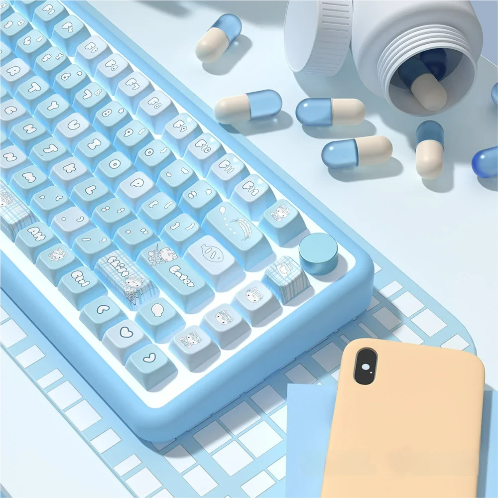 Adorable Aqua Kitten PBT MDA keycaps set, showcasing playful kitten art and aqua colors from various angles, exuding serene aquatic charm.