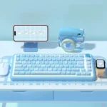 Adorable Aqua Kitten PBT MDA keycaps set showcasing whimsical cat designs in calming aqua hues, a playful and serene keyboard accessory.
