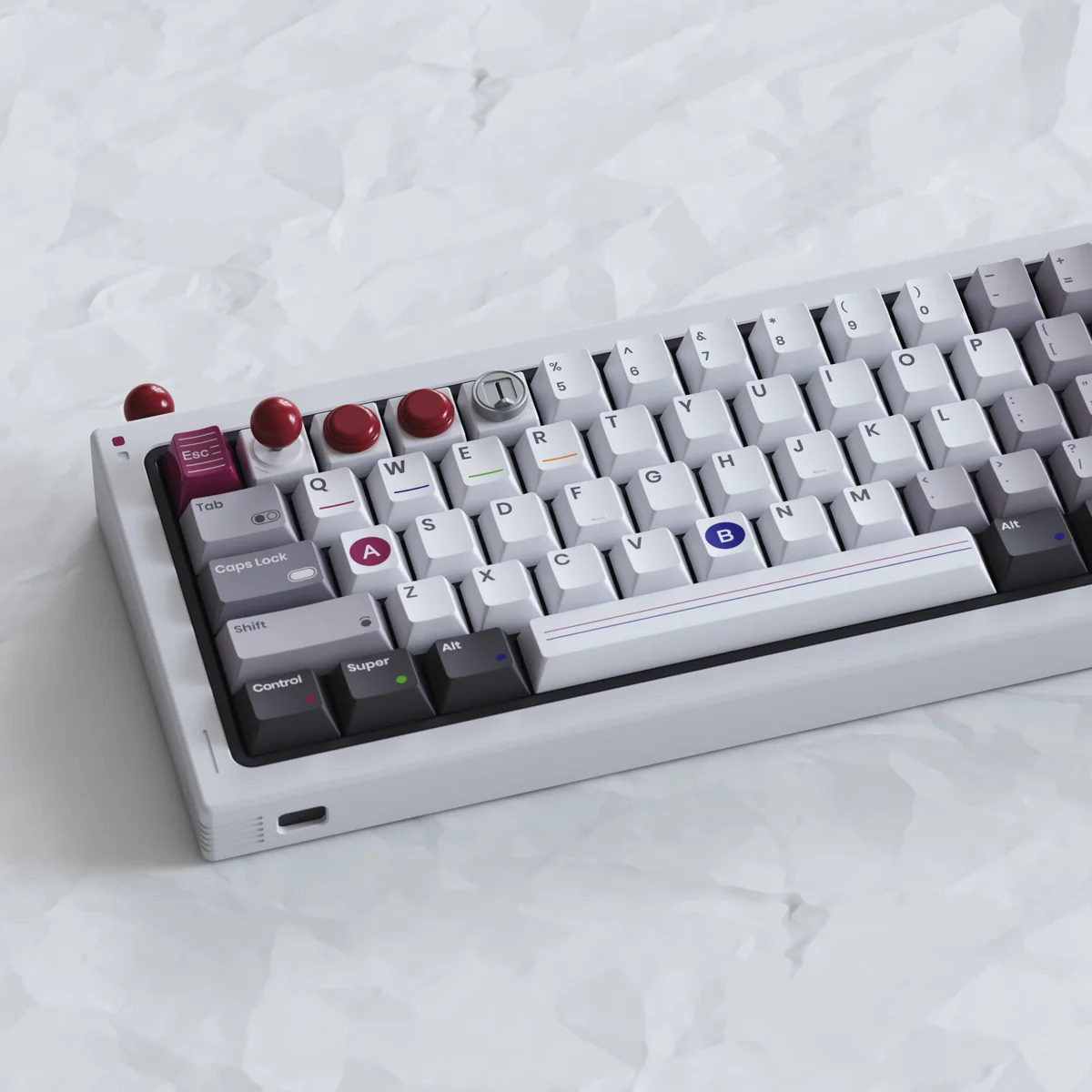 A premium Arcade Joystick & Button Keycaps, featuring sleek metallic finishes and miniature retro gaming icons displayed from multiple angles.