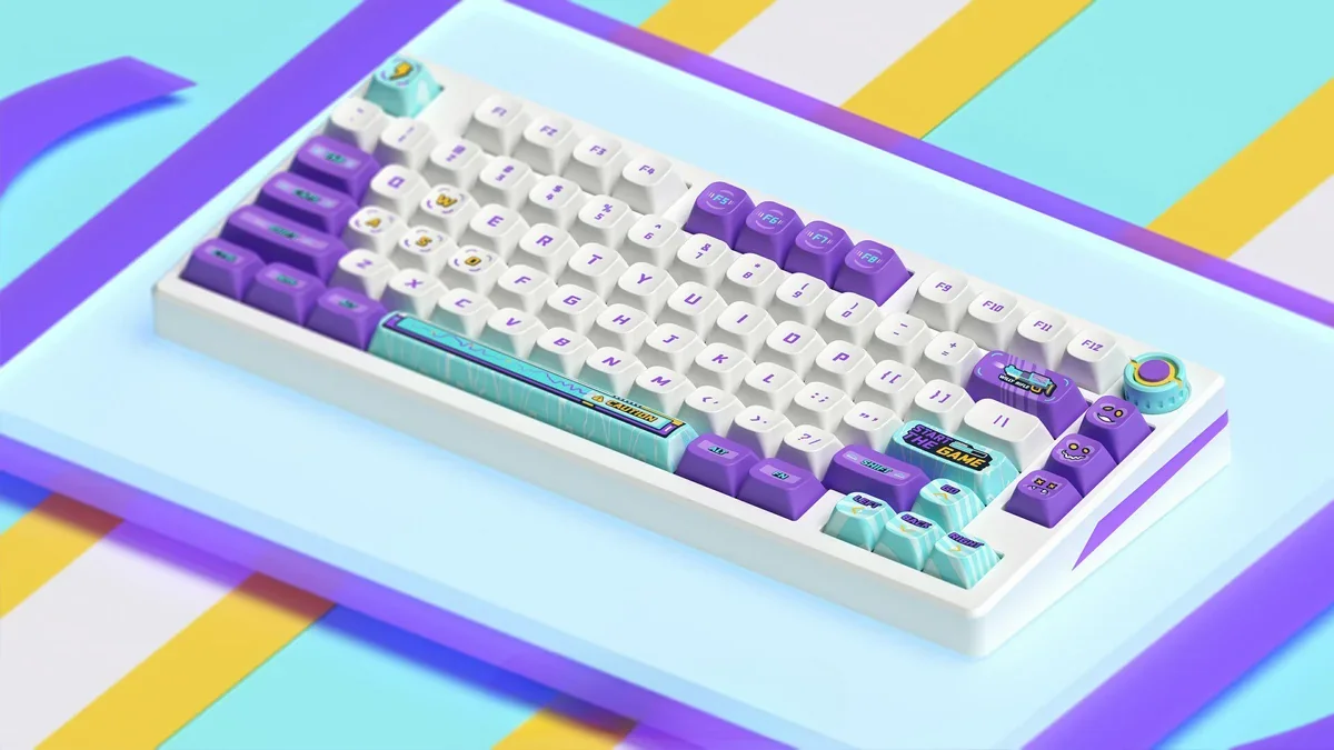 Vibrant retro arcade keycaps set featuring pixel art and classic game graphics, made from durable PBT for an immersive gaming experience.