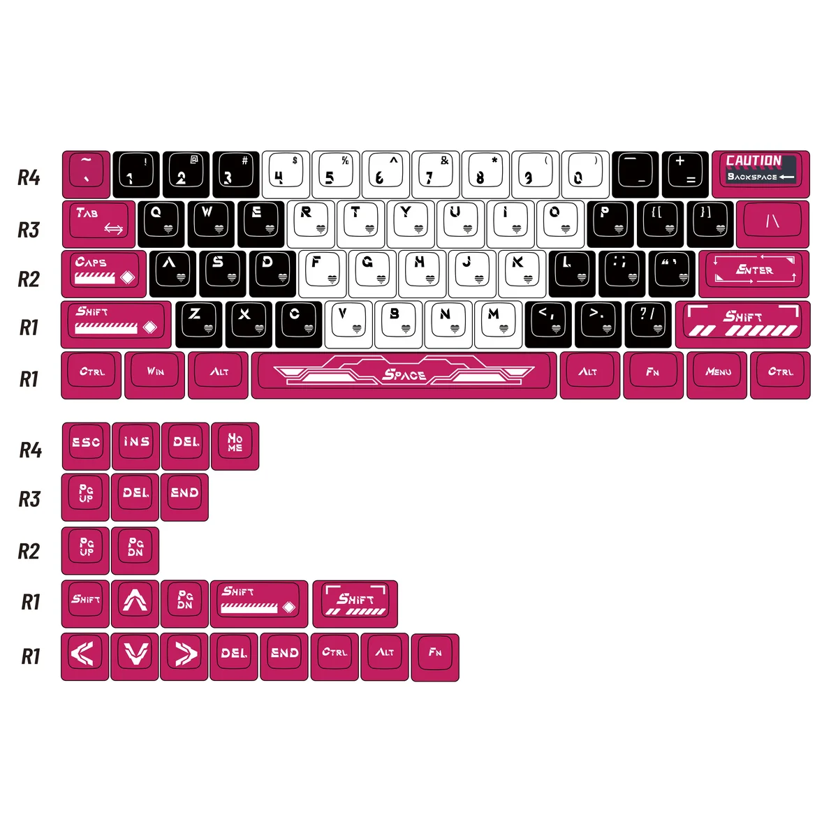 Arcee PBT keycap set from a top-down view, showcasing the iconic Transformers design in vibrant pink, purple, and white. Durable dye-sub PBT.