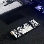 Gallery of premium Arctic Eyes Cherry Keycap Set. Shows icy, crystalline translucency, side-engraved legends, and ethereal glow designed.